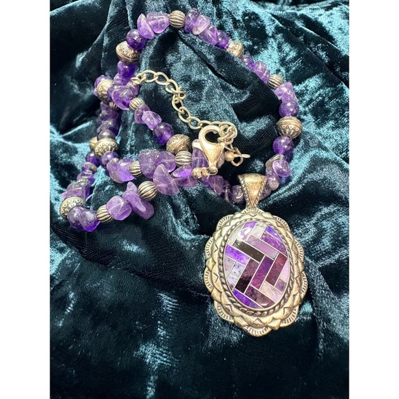 Carolyn Pollack Amethyst Inlay Necklace Pendant Earrings Set Sterling Silver 18" - Picture 3 of 15